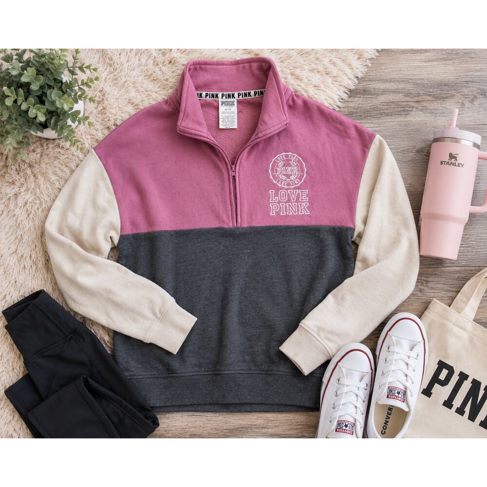 PINK Victoria's Secret Quarter‎ Zip Pullover Y2K Campus Colorblock M Lounge Cozy